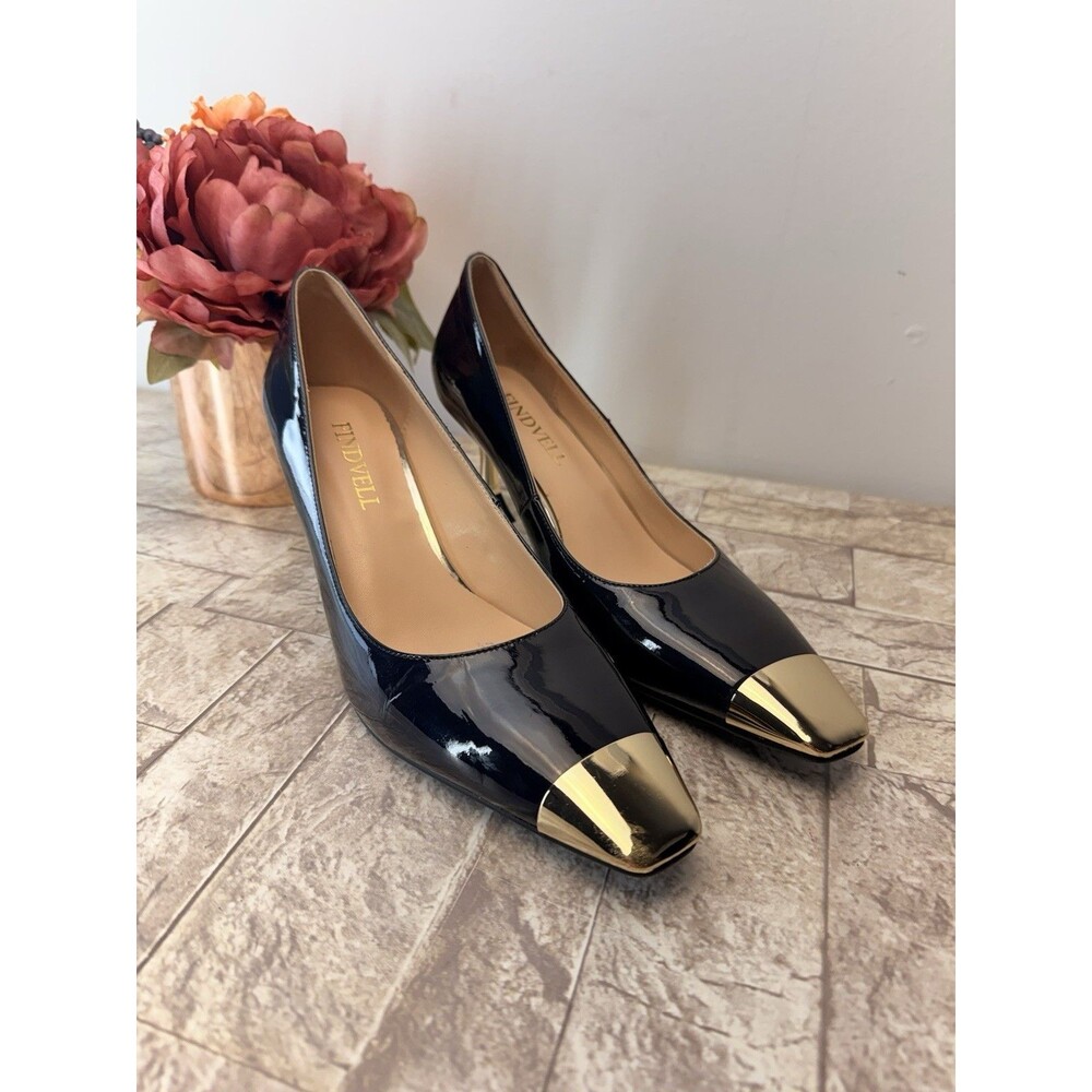 Findvell Heels Womens Size 7 Blue Gold Stiletto Kitten Heel Square Toes - Picture 13 of 13